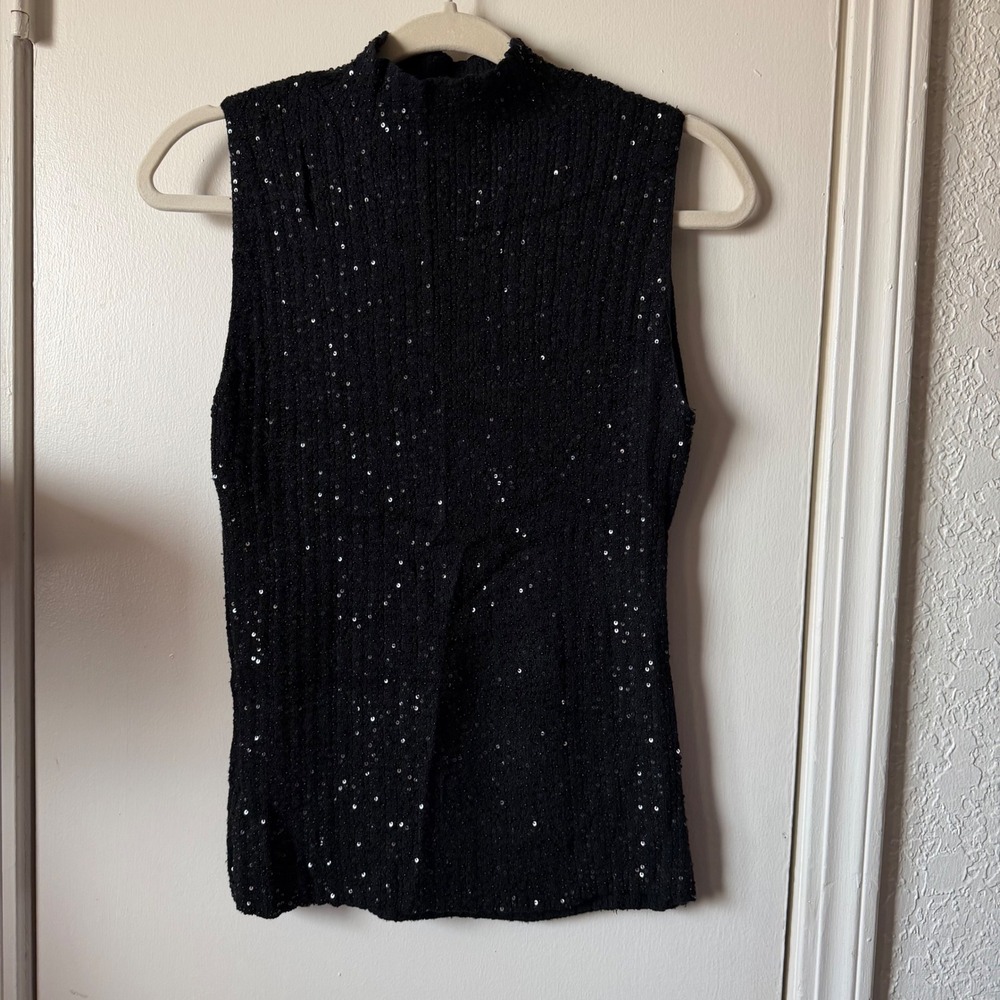 Vie by Victoria Royal Silk Sequin Wool Black Mock Neck Sleeveless Top M Glam